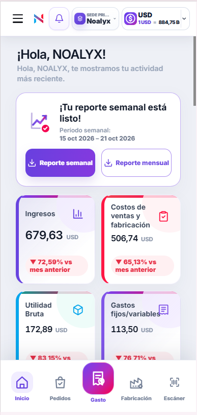Panel móvil real de NOALYX en un celular